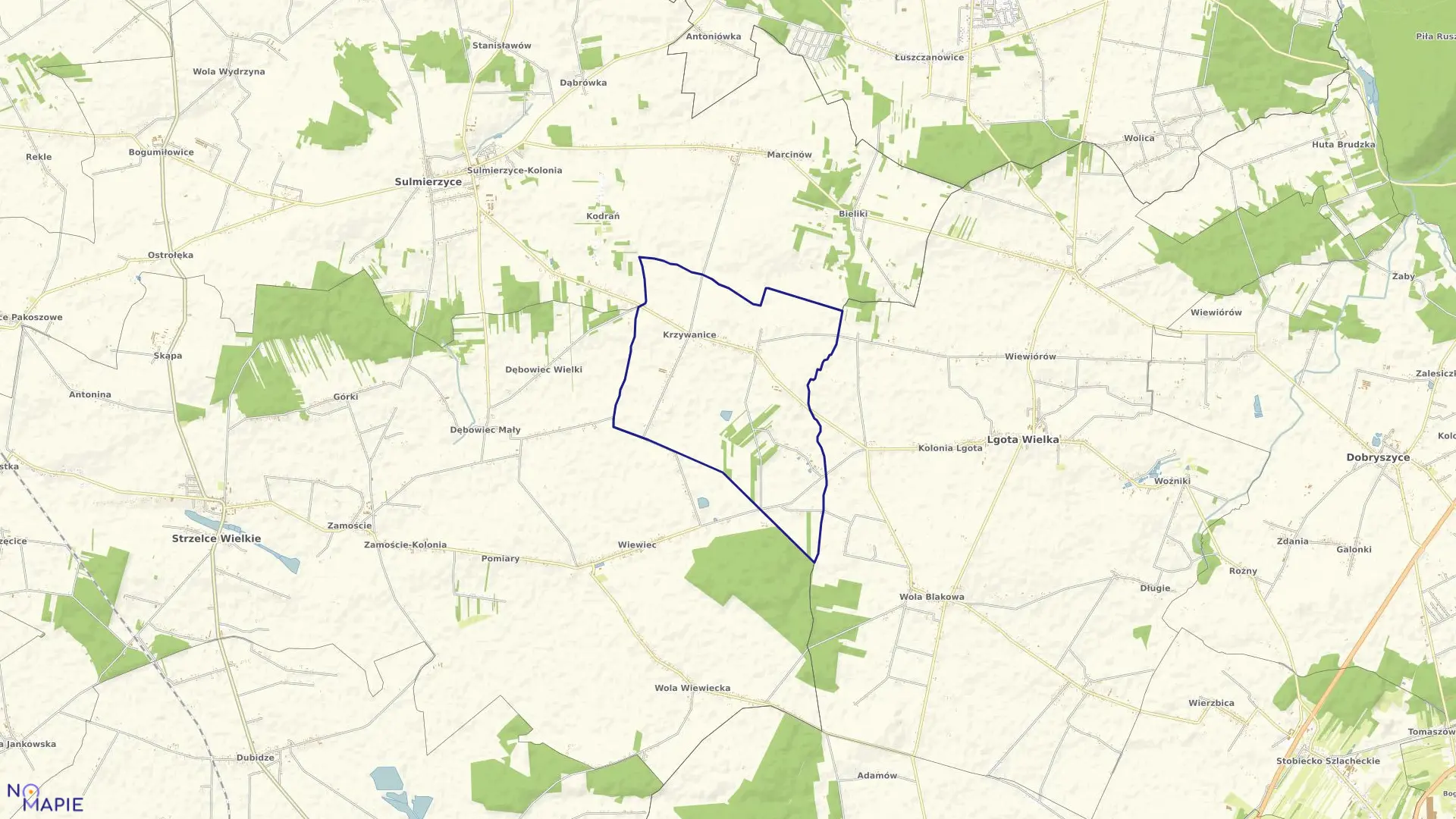 Mapa obrębu KRZYWANICE w gminie Lgota Wielka