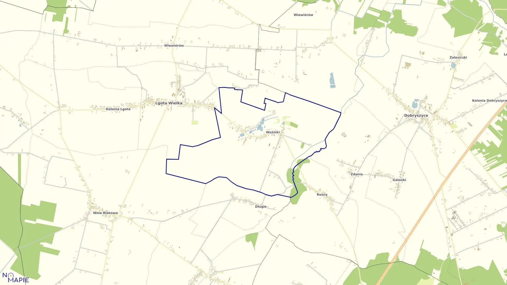 Mapa obrębu WOŹNIKI w gminie Lgota Wielka